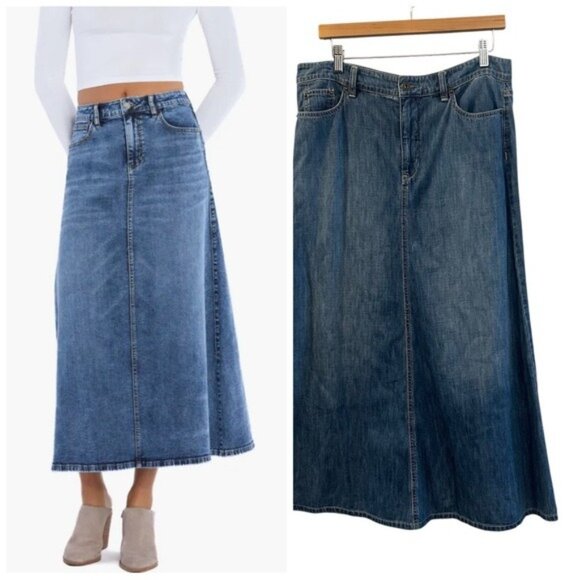 Lauren Ralph Lauren A-Line Denim Midi Skirt Blue Western Romance Size 10 - Picture 1 of 9